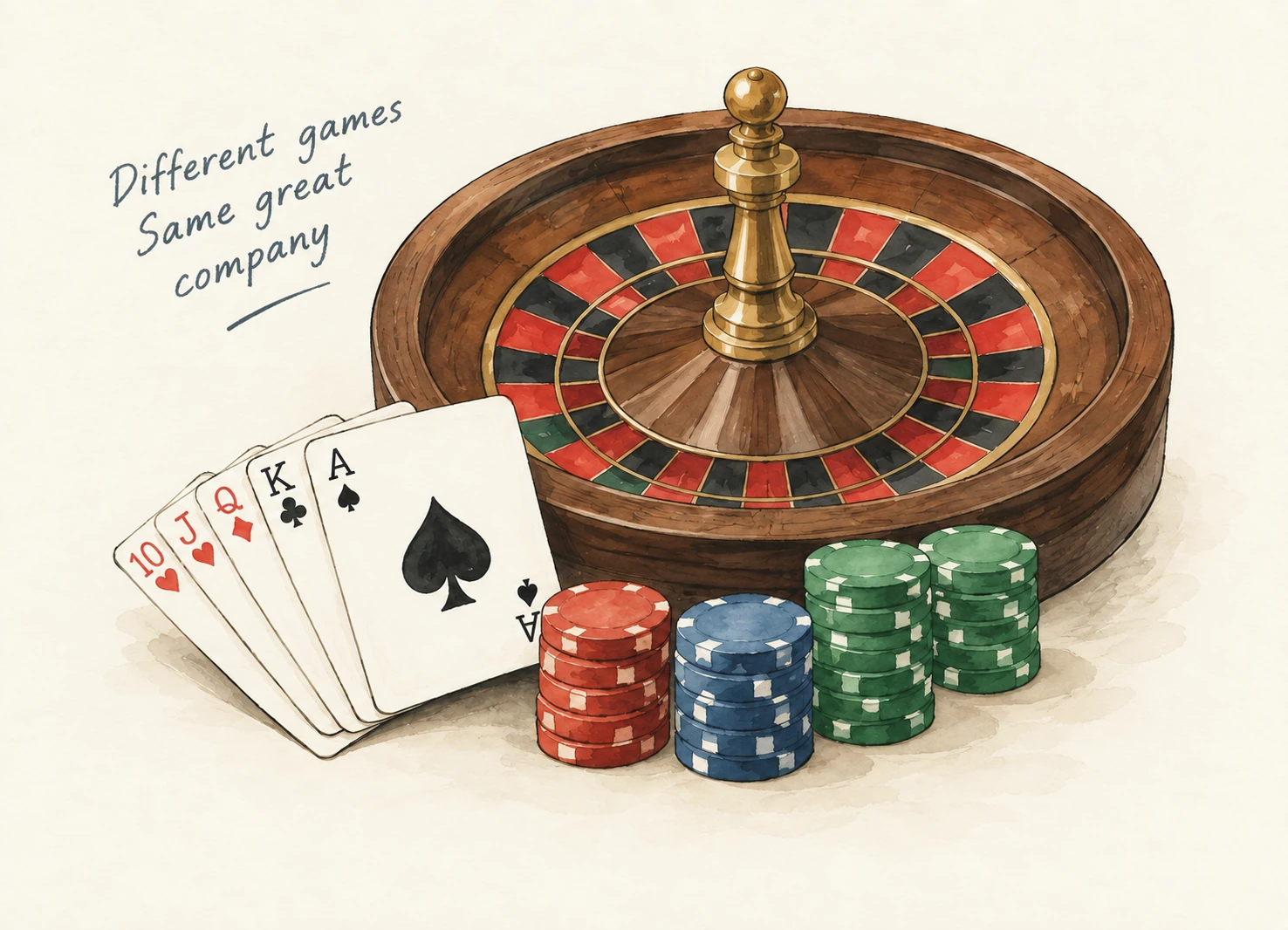 Watercolour illustration of a roulette wheel, playing cards and coloured chips.