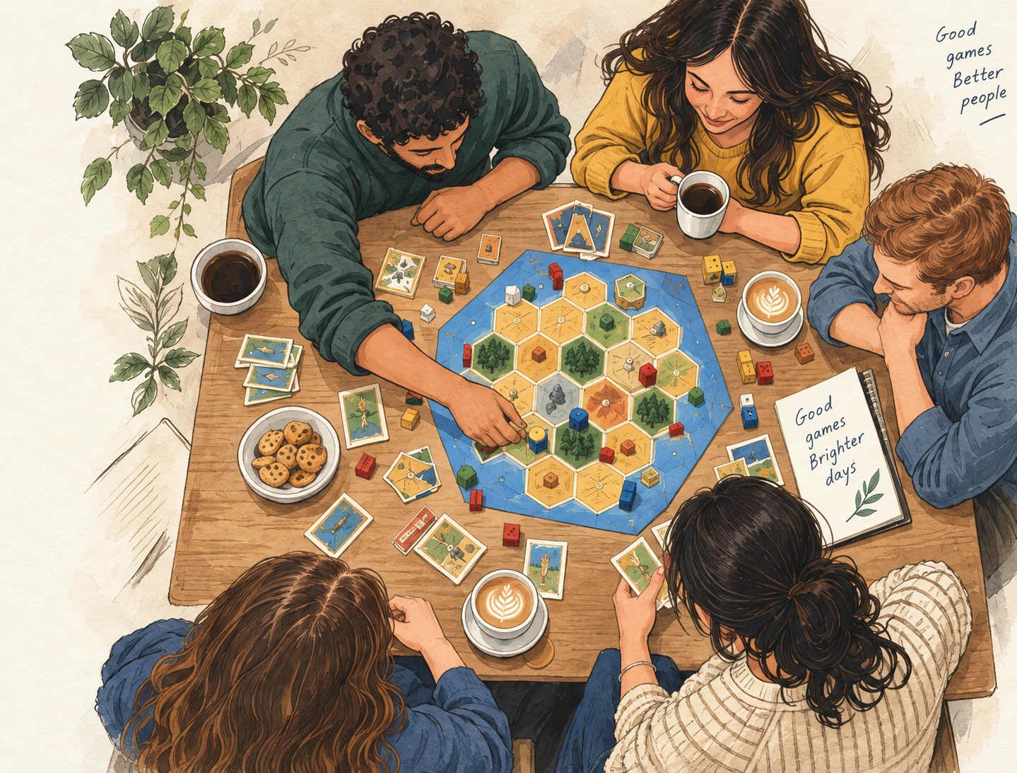 Watercolour illustration of friends sharing a board game and coffee.